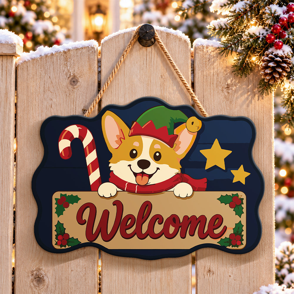 Corgi welcome sign paint by numbers door hanger on a garden gate