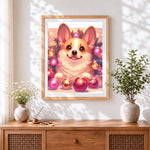 Finished corgi with christmas baubles cross stitch artwork displayed