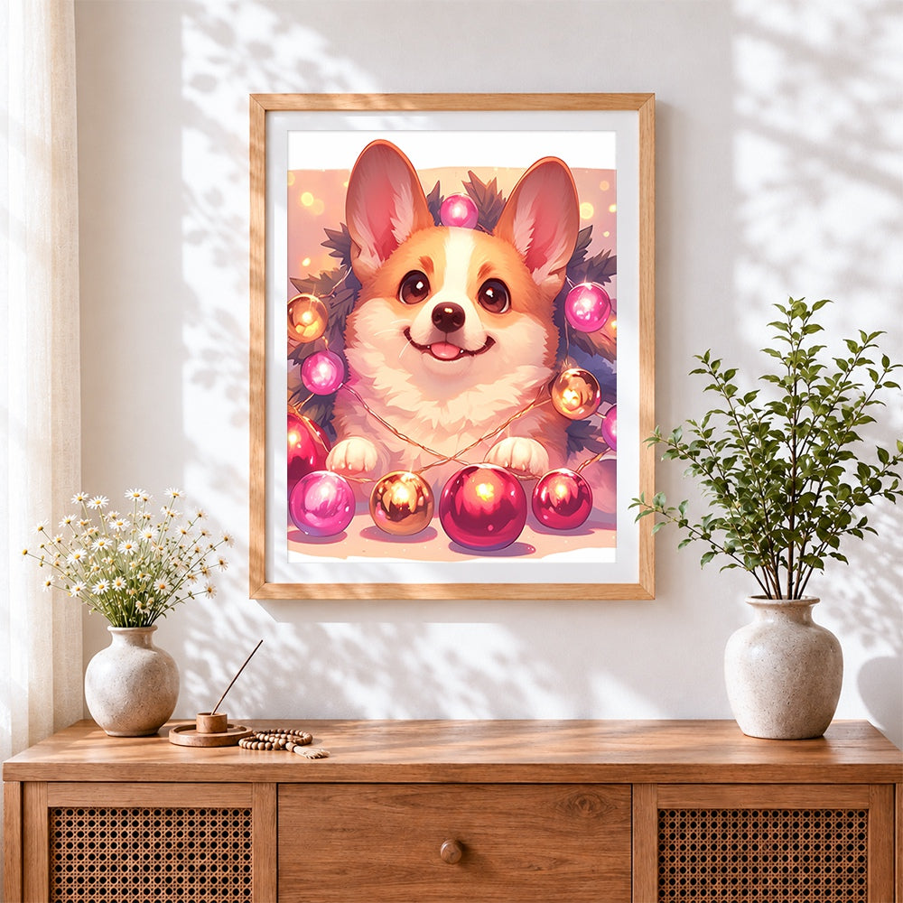 Finished corgi with christmas baubles cross stitch artwork displayed