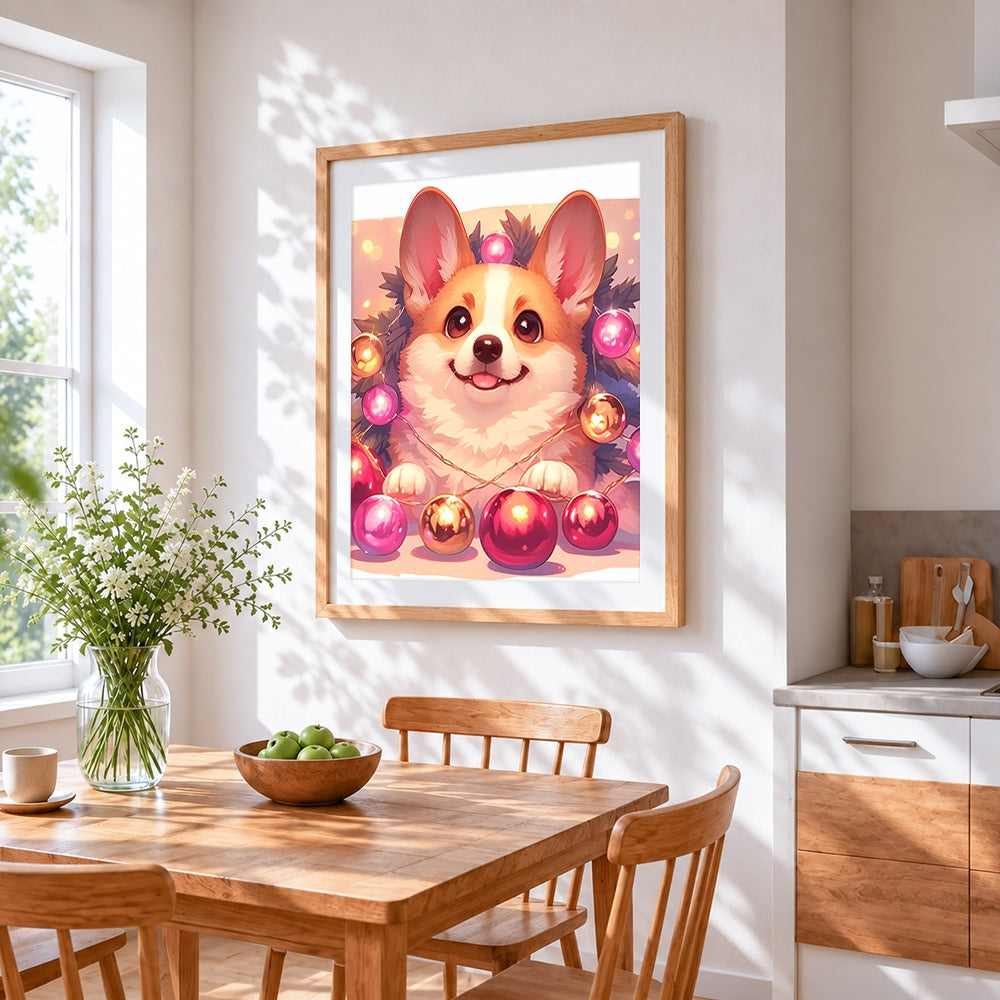 Corgi with christmas baubles cross stitch artwork displayed on wall as home decor