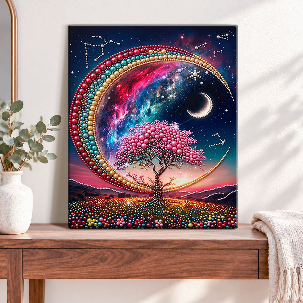 Finished cosmic crescent moon pearl diamond painting artwork displayed as home decor