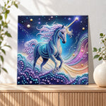 Finished cosmic dark‑toned unicorn pearl diamond painting artwork displayed as holiday home decor