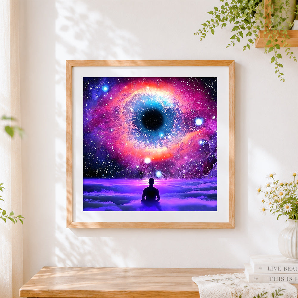Finished cosmic eye and meditating figure cross stitch artwork displayed