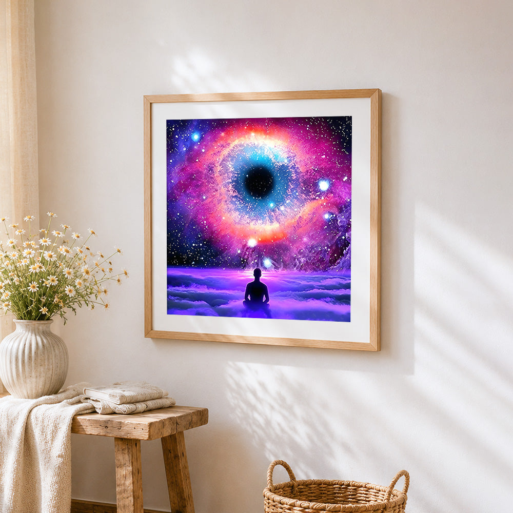 Cosmic eye and meditating figure paint by numbers artwork displayed on wall as home decor