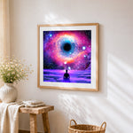 Cosmic eye and meditating figure paint by numbers artwork displayed on wall as home decor