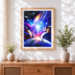 Finished cosmic galaxy and planets space cross stitch artwork displayed