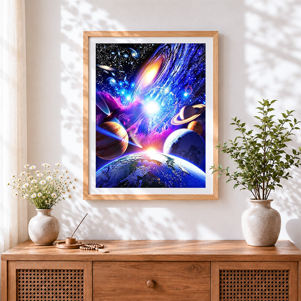 Finished cosmic galaxy and planets space cross stitch artwork displayed