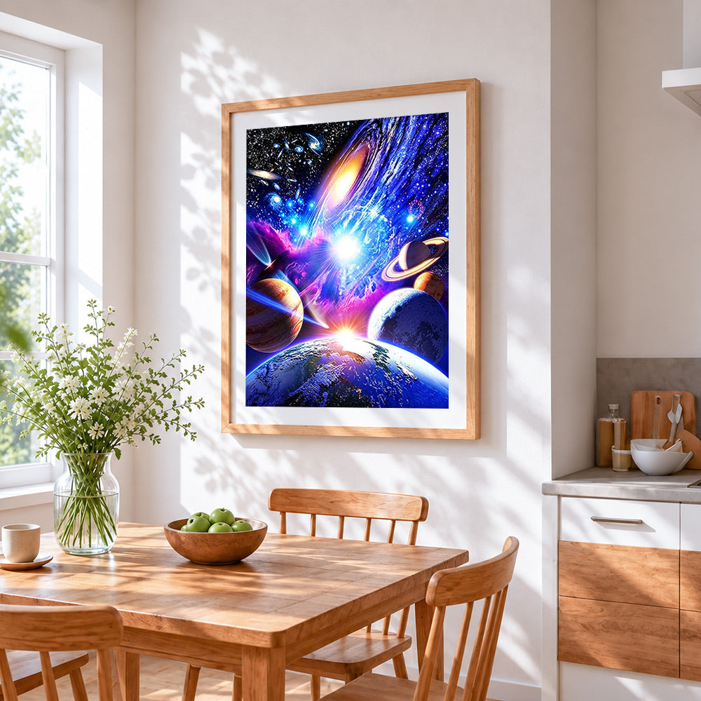 Cosmic galaxy and planets space cross stitch artwork displayed on wall as home decor