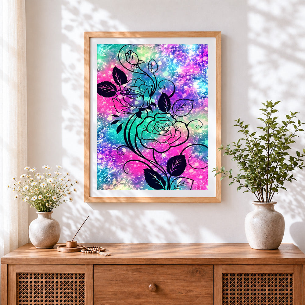 Finished cosmic galaxy rose cross stitch artwork displayed