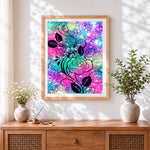 Finished cosmic galaxy rose cross stitch artwork displayed