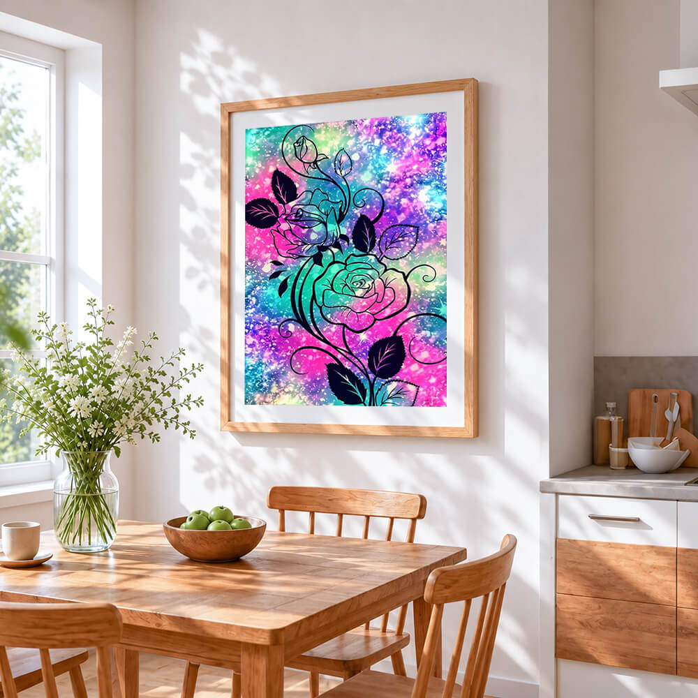 Cosmic galaxy rose cross stitch artwork displayed on wall as home decor