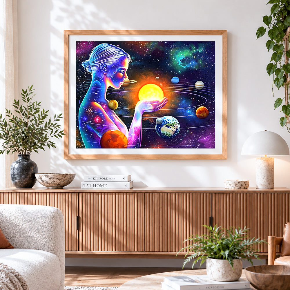 Finished cosmic goddess with solar system cross stitch artwork displayed