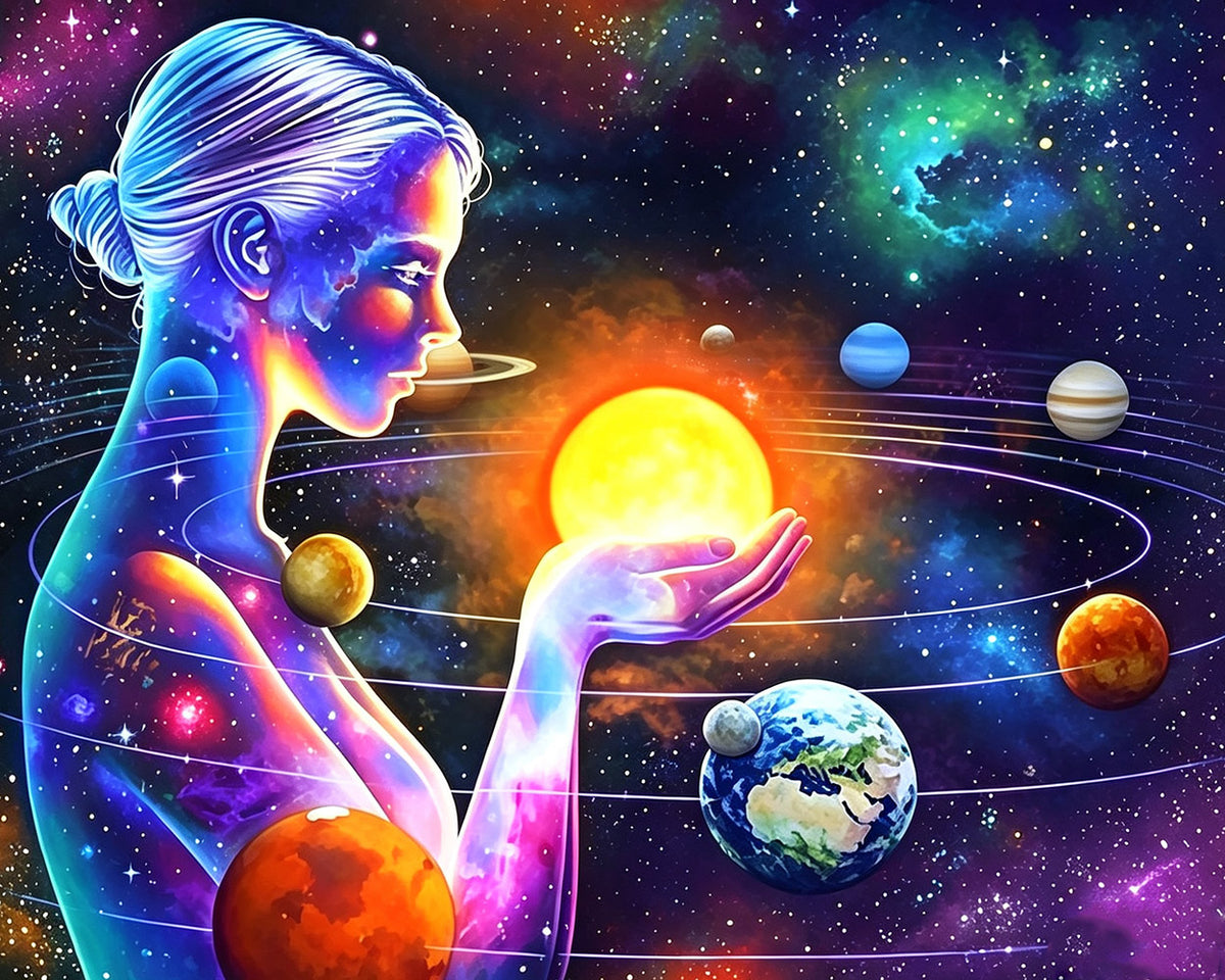 Cosmic goddess with solar system cross stitch kit for beginners