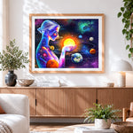 Finished cosmic goddess with solar system paint by numbers artwork displayed as home decor