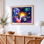 Cosmic goddess with solar system paint by numbers artwork displayed on wall as home decor