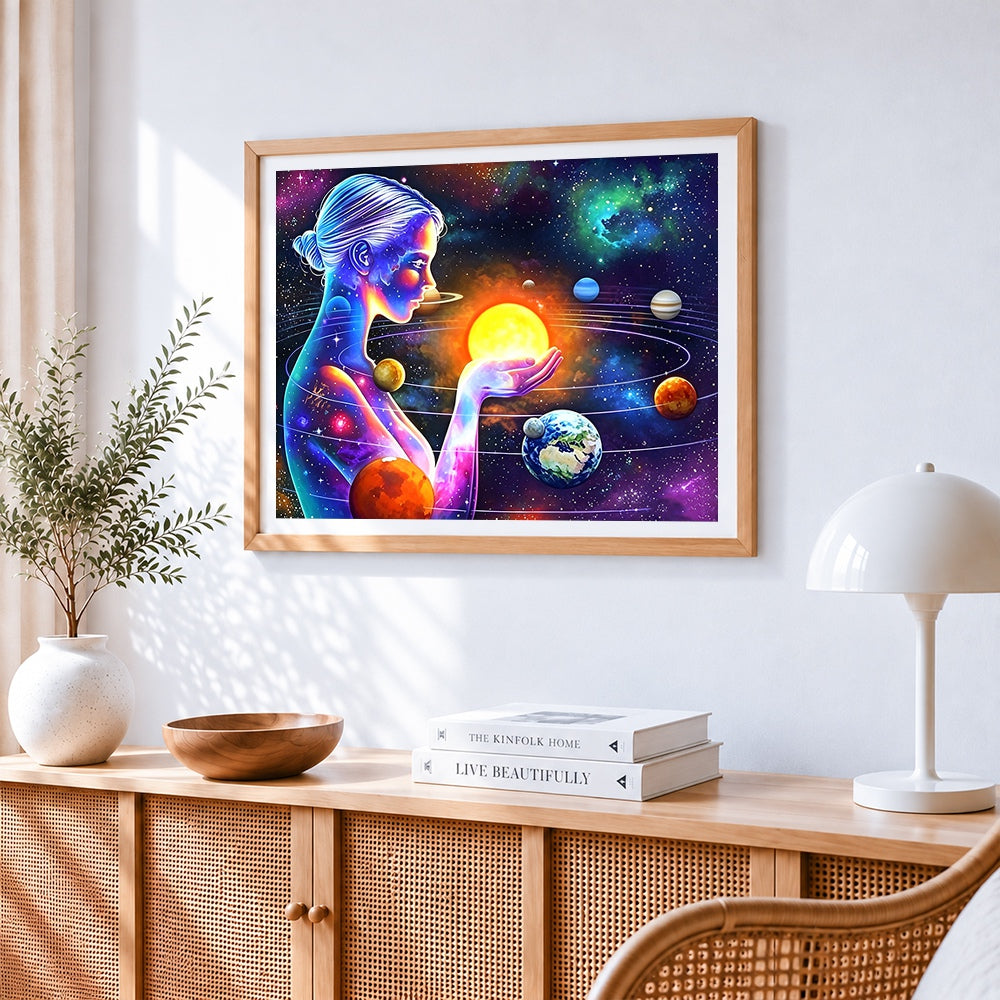 Cosmic goddess with solar system paint by numbers artwork displayed on wall as home decor