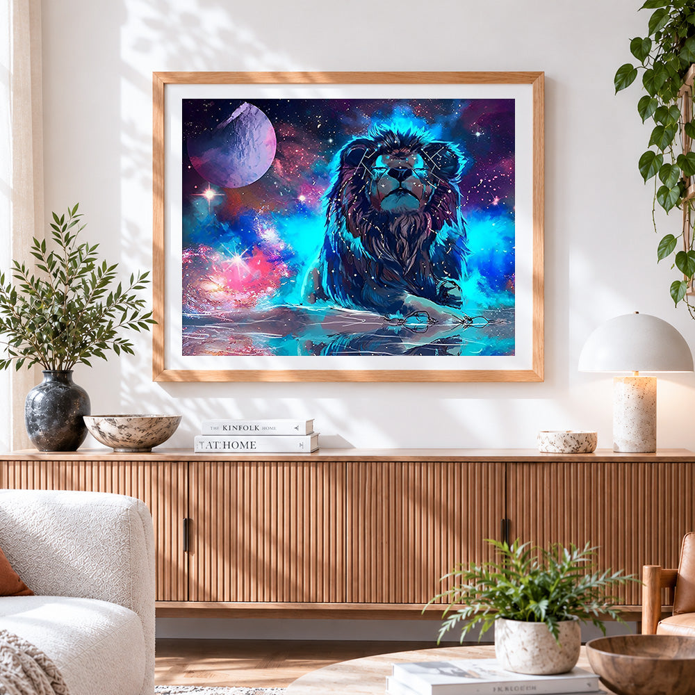 Finished cosmic lion under starry sky cross stitch artwork displayed