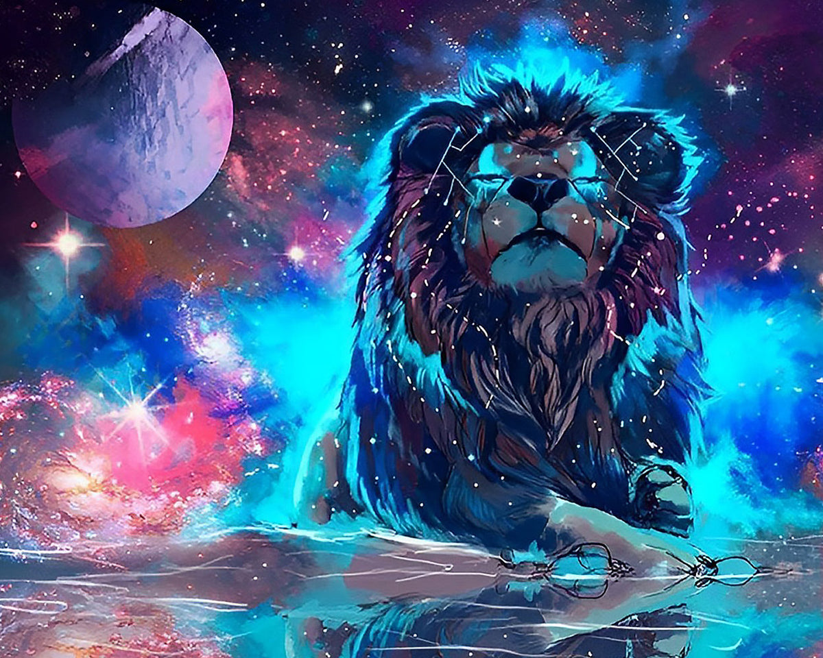 Cosmic lion under starry sky cross stitch kit for beginners