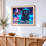 Cosmic lion under starry sky cross stitch artwork displayed on wall as home decor