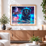 Finished cosmic lion under starry sky paint by numbers artwork displayed as home decor