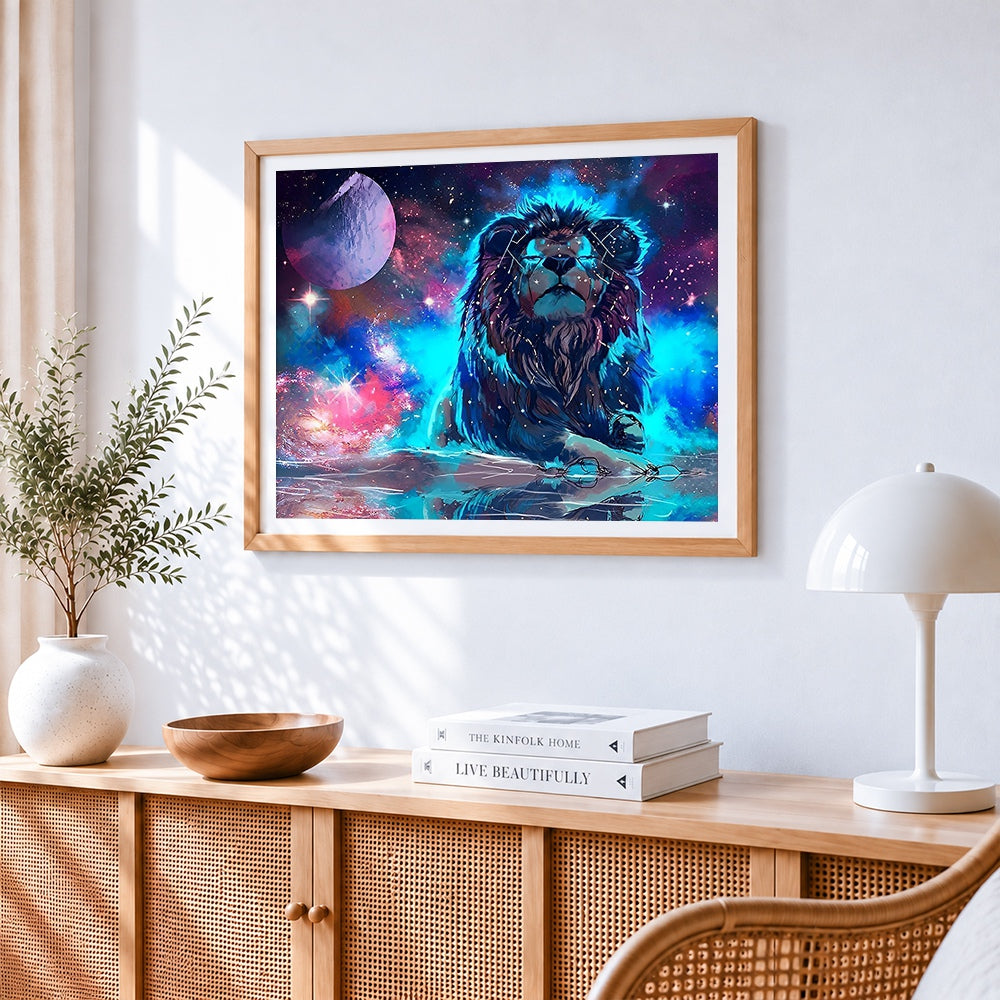 Cosmic lion under starry sky paint by numbers artwork displayed on wall as home decor