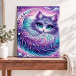 Finished cosmic moon kitty pearl diamond painting artwork displayed as home decor