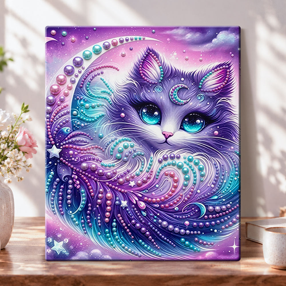Cosmic moon kitty pearl diamond painting kit for beginners