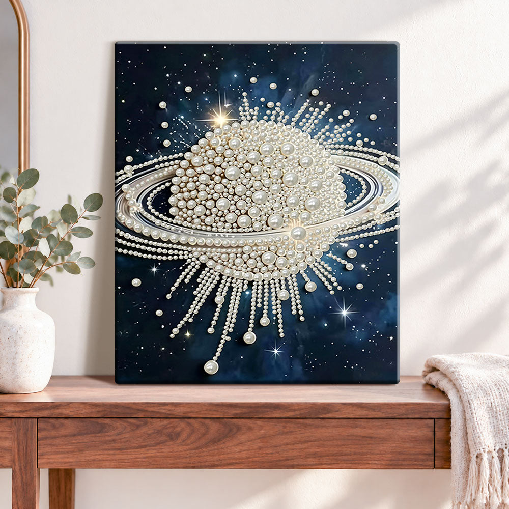Finished cosmic pearl galaxy pearl diamond painting artwork displayed as home decor