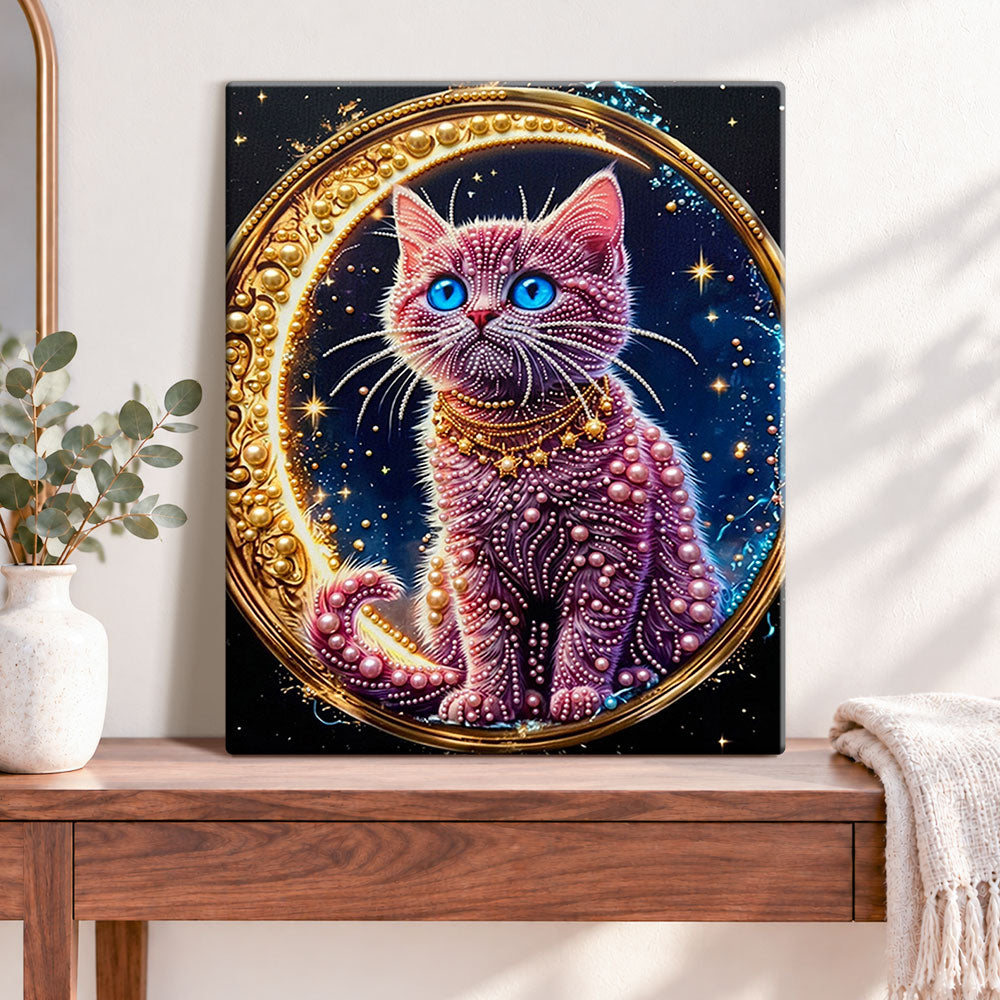 Finished cosmic pearl kitten pearl diamond painting artwork displayed as home decor