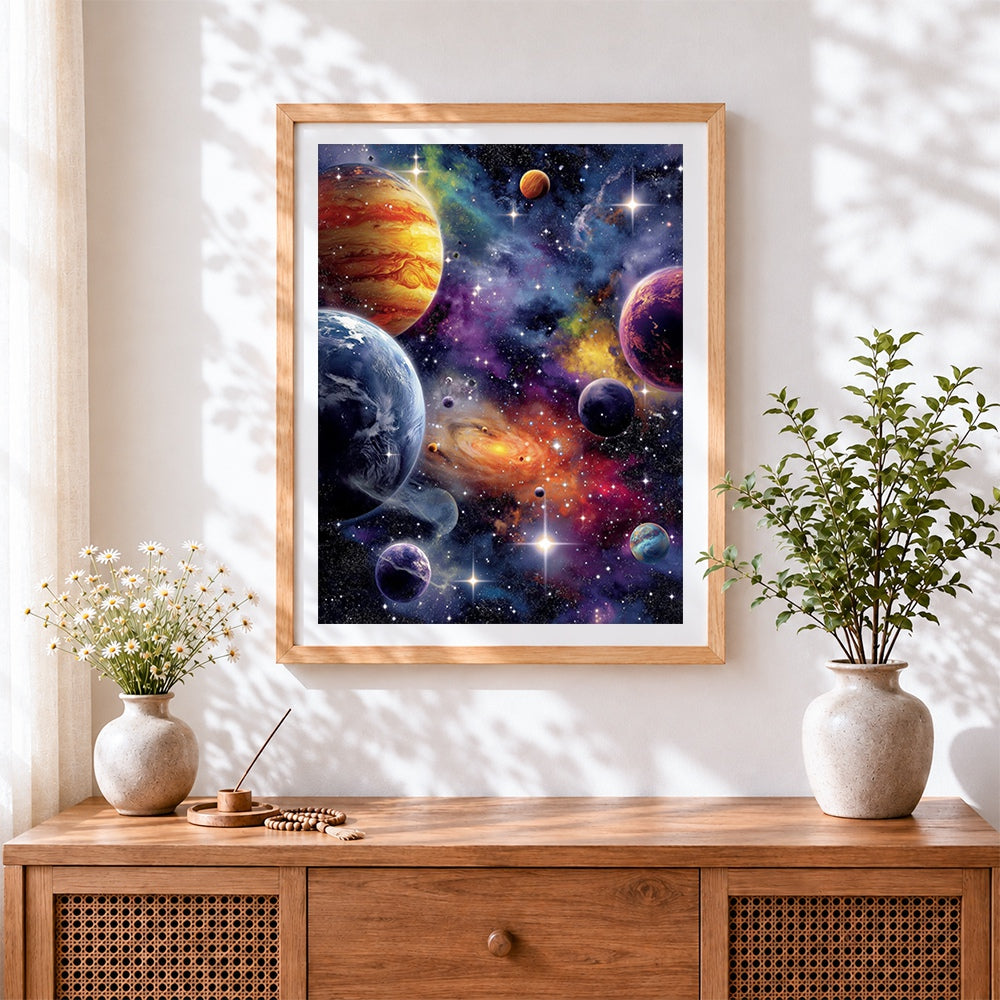 Finished cosmic planets and galaxies cross stitch artwork displayed