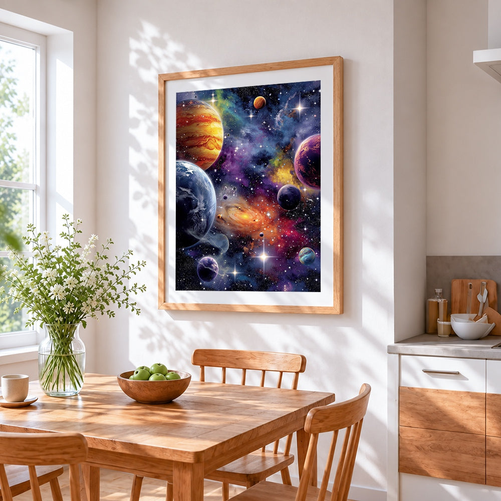 Cosmic planets and galaxies cross stitch artwork displayed on wall as home decor