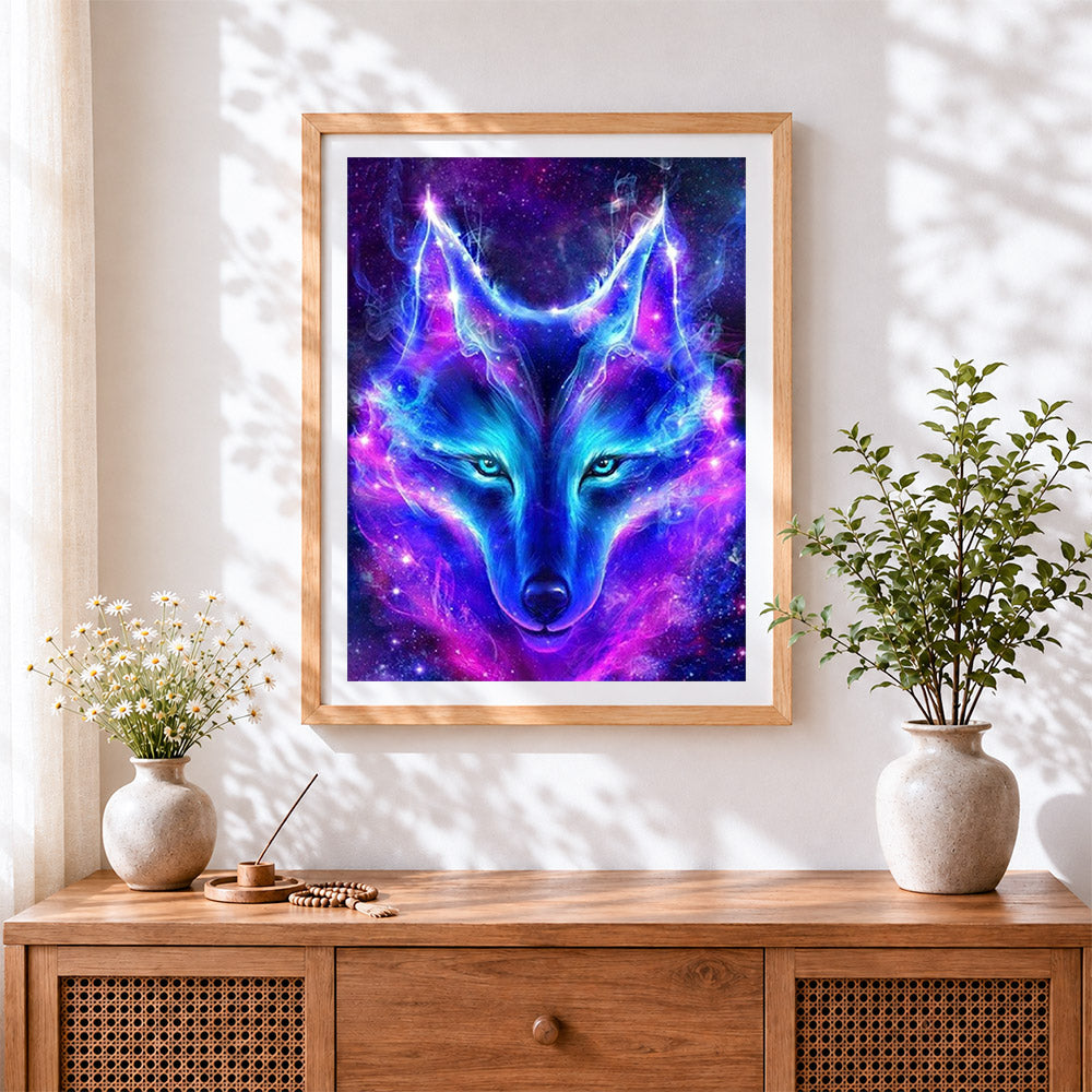 Finished cosmic purple and blue wolf cross stitch artwork displayed