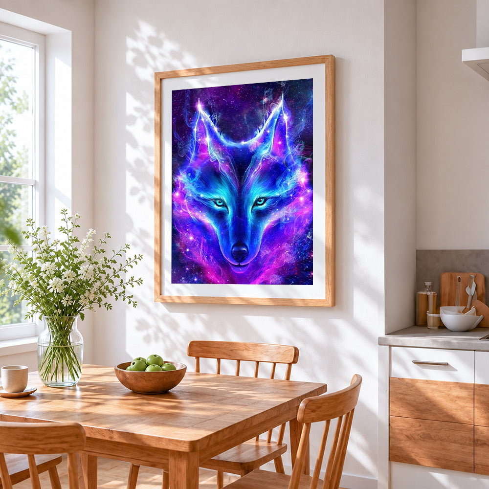 Cosmic purple and blue wolf cross stitch artwork displayed on wall as home decor