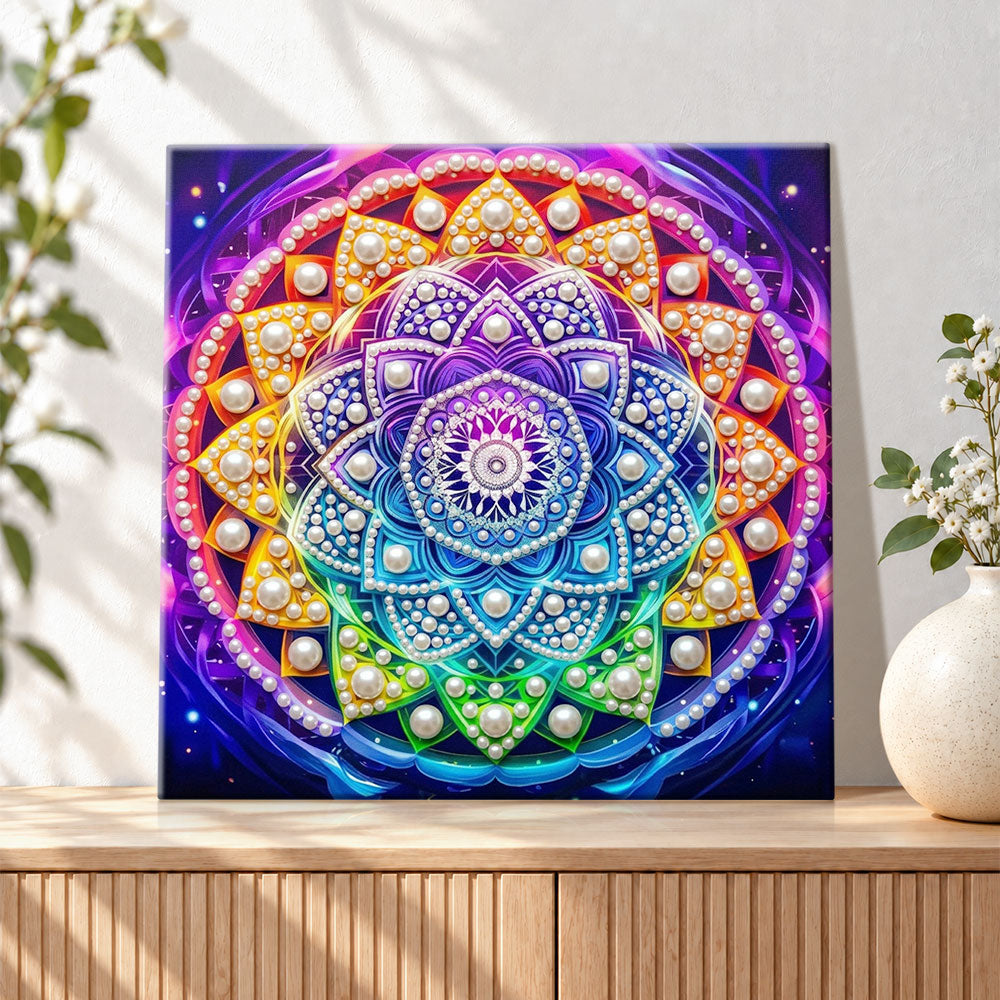 Finished cosmic rainbow mandala pearl diamond painting artwork displayed as holiday home decor