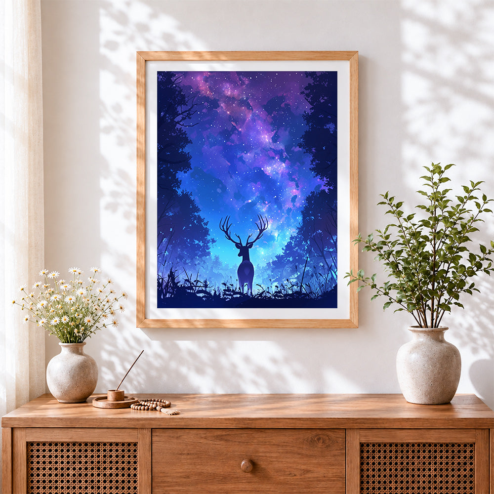 Finished cosmic stag silhouette cross stitch artwork displayed
