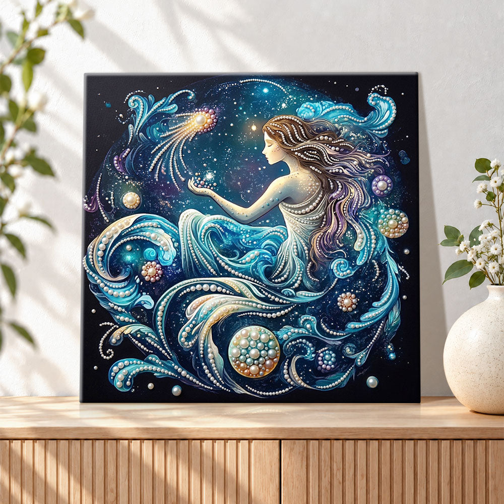 Finished cosmic starry mermaid pearl diamond painting artwork displayed as holiday home decor