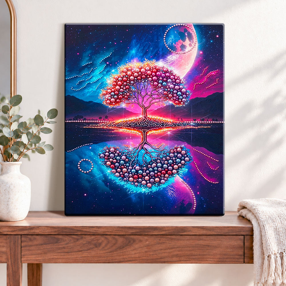 Finished cosmic tree reflection pearl diamond painting artwork displayed as home decor