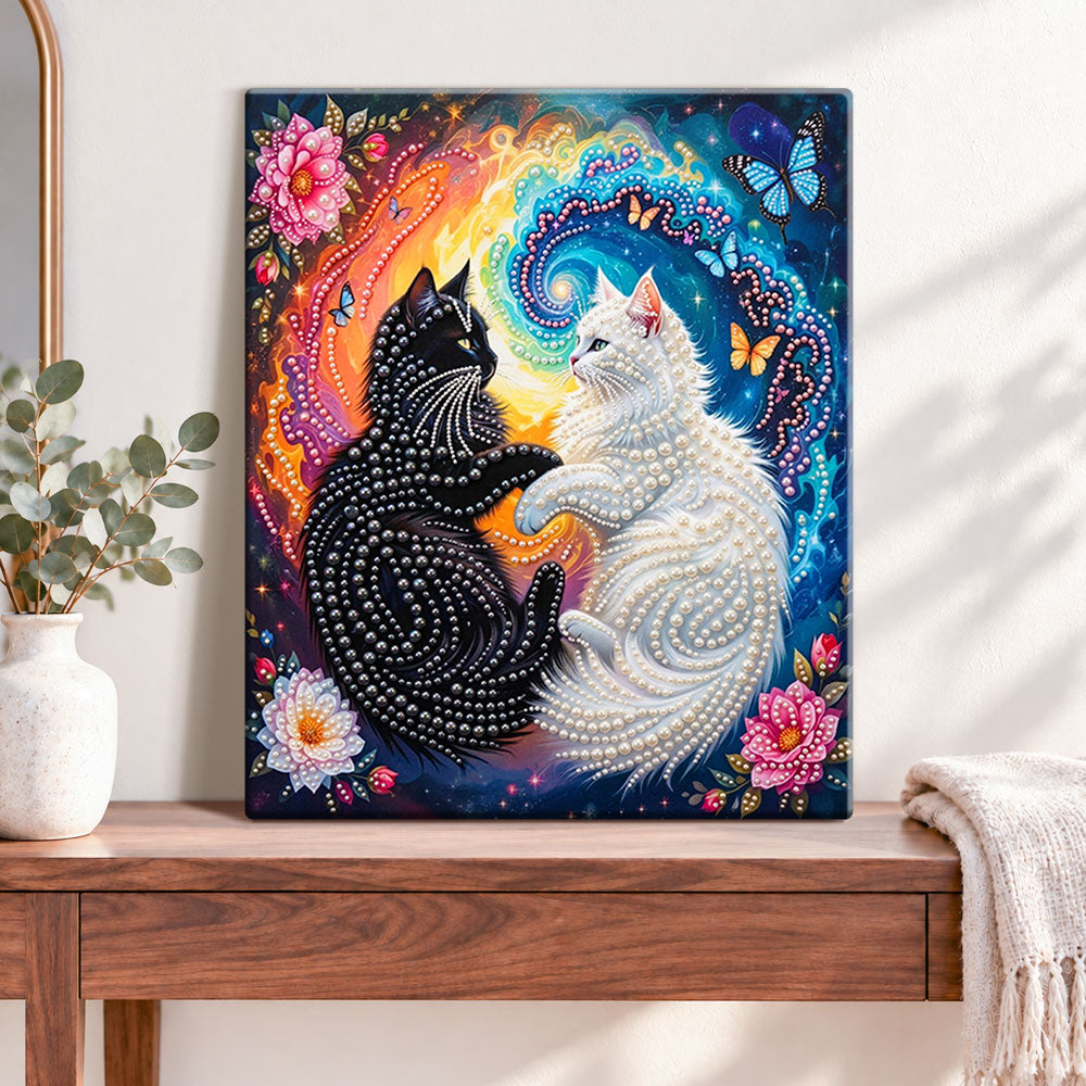 Finished cosmic twin cats pearl diamond painting artwork displayed as home decor