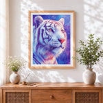 Finished cosmic white tiger cross stitch artwork displayed