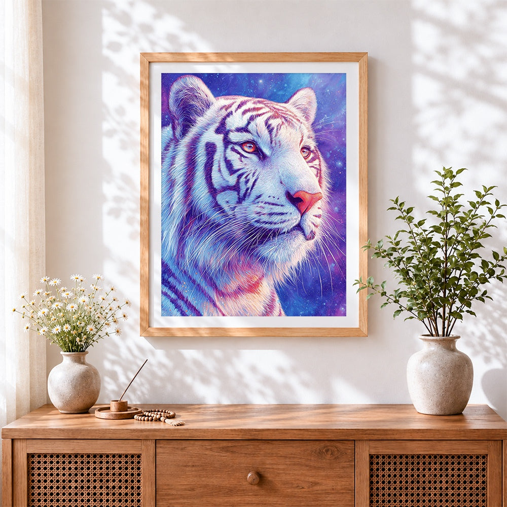 Finished cosmic white tiger cross stitch artwork displayed