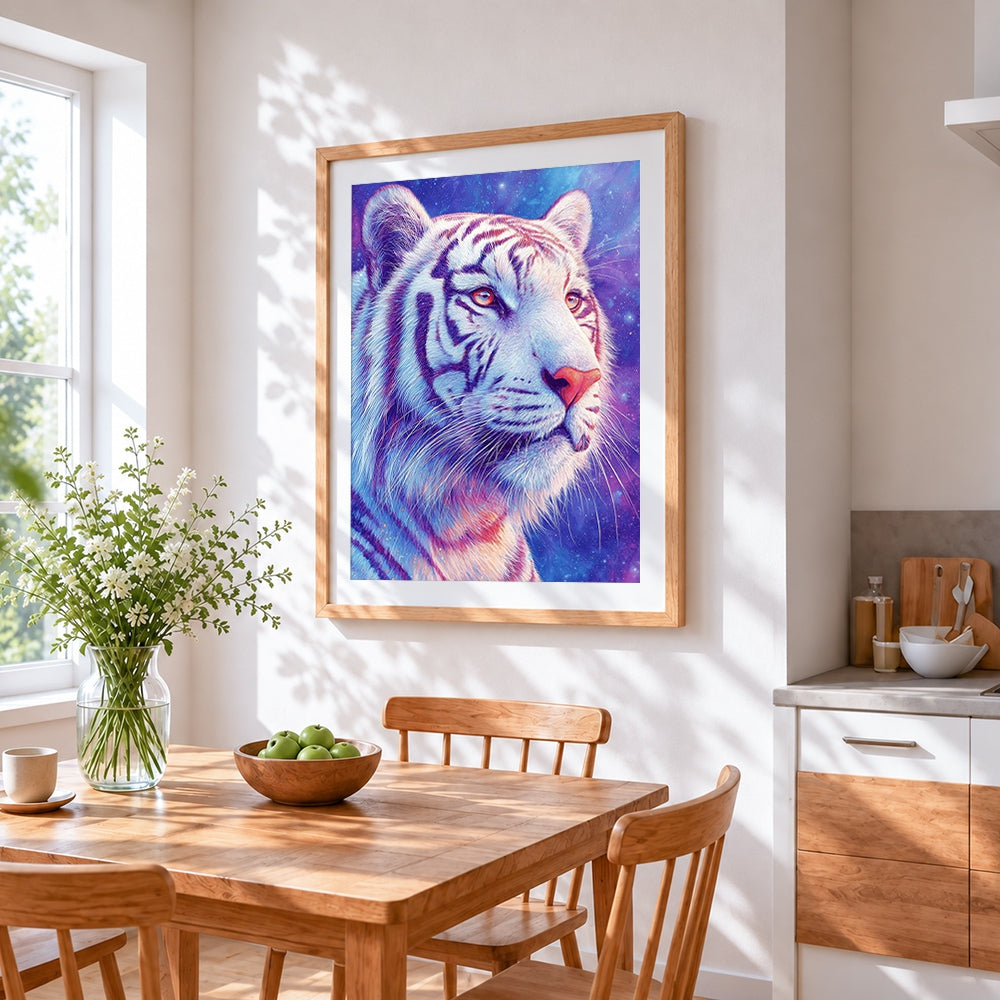 Cosmic white tiger cross stitch artwork displayed on wall as home decor