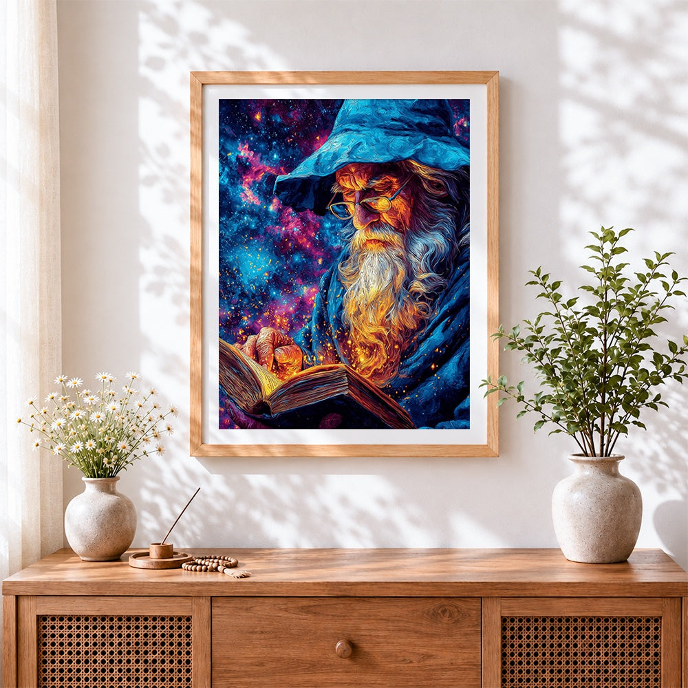 Finished cosmic wizard reading glowing book cross stitch artwork displayed