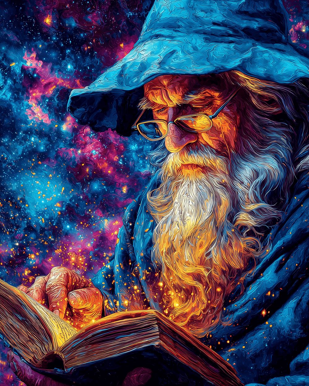 Cosmic wizard reading glowing book cross stitch kit for beginners