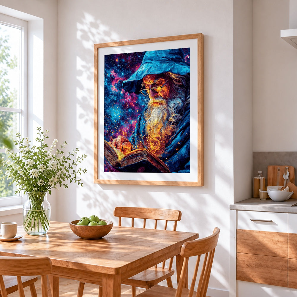 Cosmic wizard reading glowing book cross stitch artwork displayed on wall as home decor