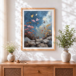 Finished cosmos flowers and butterflies cross stitch artwork displayed
