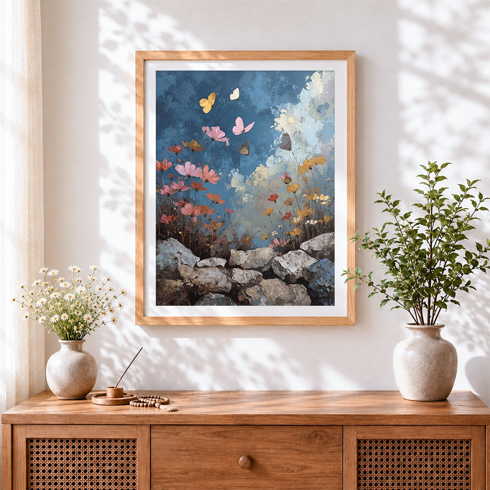 Finished cosmos flowers and butterflies cross stitch artwork displayed