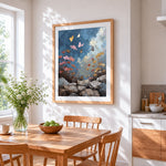 Cosmos flowers and butterflies cross stitch artwork displayed on wall as home decor