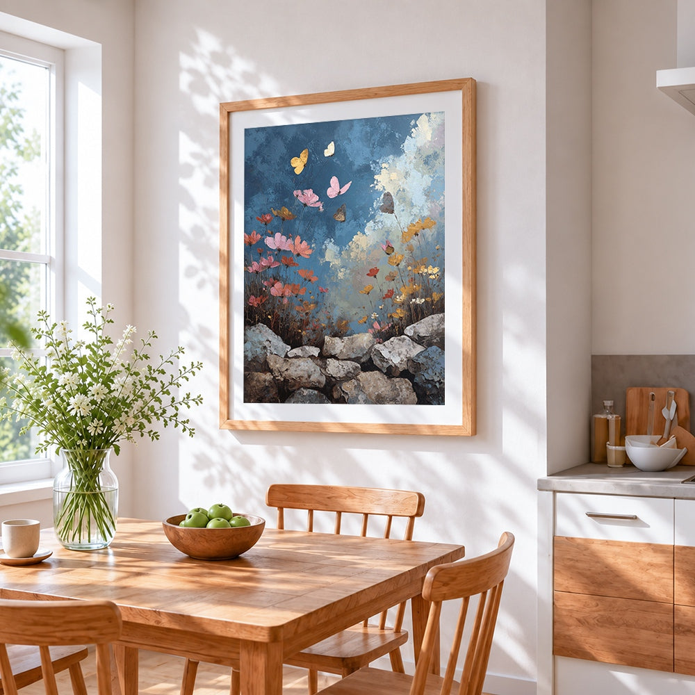 Cosmos flowers and butterflies cross stitch artwork displayed on wall as home decor