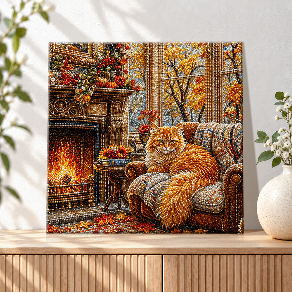 Finished cosy autumn cat by fireplace pearl diamond painting artwork displayed as holiday home decor