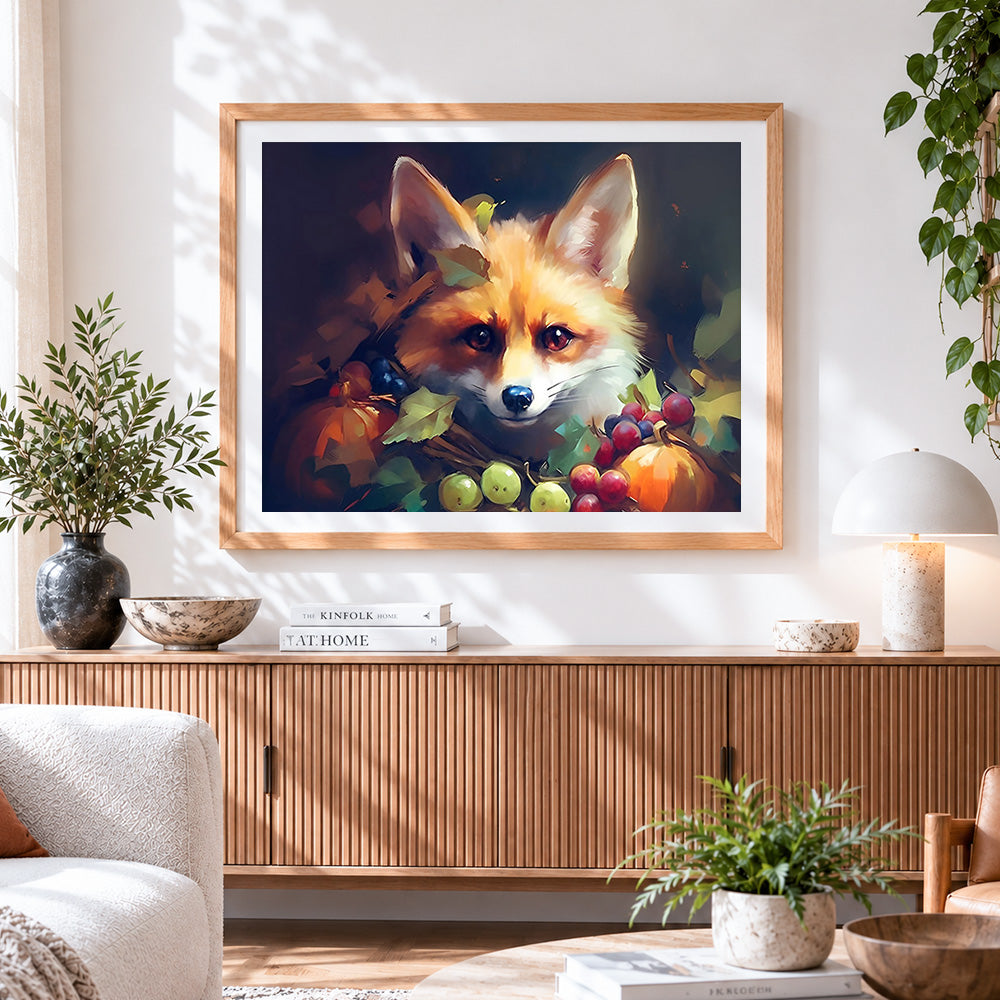Finished cosy autumn fox with fruits cross stitch artwork displayed